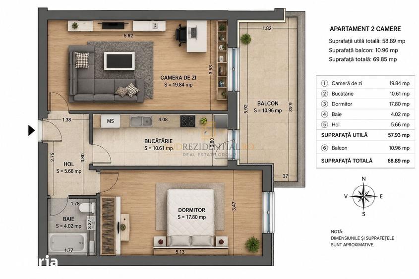 Apartament cu 2 camere decomandat în Sud