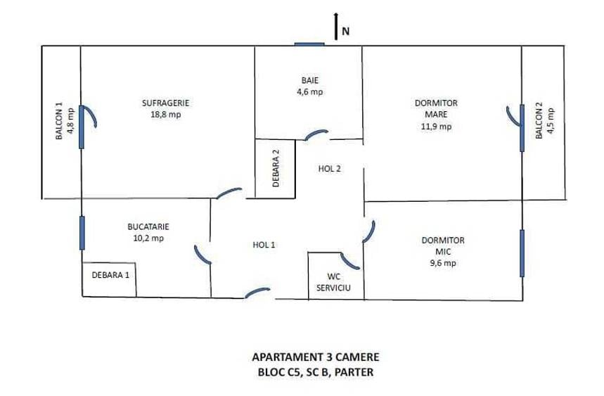 Apartament 3 camere decomandate, parter, langa piata centrala, vizavi de noul centru comercial, doua balcoane, negociabil - 1