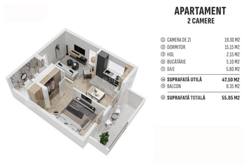 Apartament de 2 camere finisat, 55 mp, cartier rezidential n Apartament de 2 camere finisat, 55 mp, cartier rezidential n