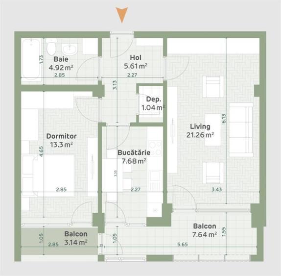 Apartament cu 2 camere in Hlincea la bloc nou 61,45mp + 3,14mp balcon - 1