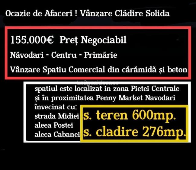 Ocazie Afaceri Vanzare cladire beton 276mp. cu Teren 600mp.