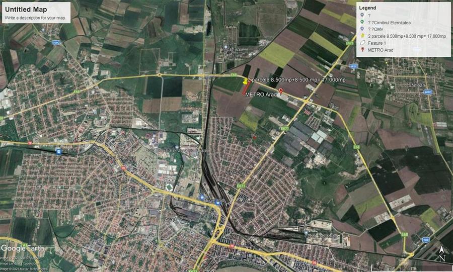 Teren intravilan 2 parcele de 8500 mp front la centura Aradului linga Metro - 5