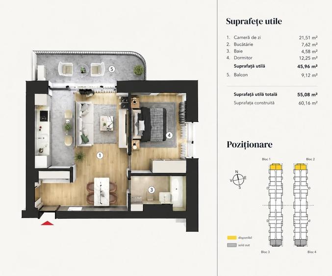 Apartament cu 2 camere semidecomandat în Theodor Pallady
