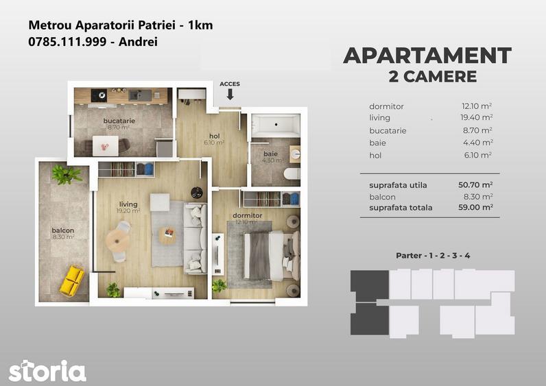 Metrou Aparatorii Patriei bloc 2025 - 2 camere 59mp - - 2
