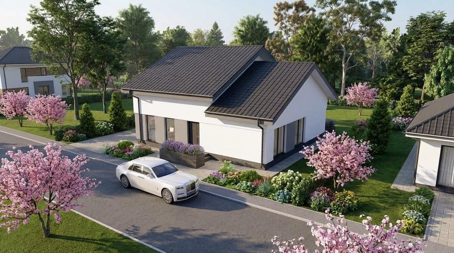 Casă individuală modernă pe parter, eficientă energetic. Comision 0 - 1