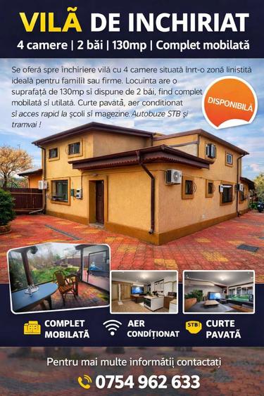 Vila 4 camere de inchiriat Sector 4, Giurgiului / Luica | Curte mare | Parcare | 850 - 1