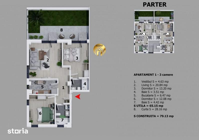 Apartament cu 3 camere, mobilat în Central