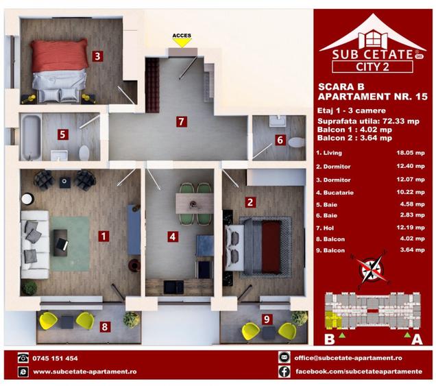 Apartament cu 3 camere decomandat în Central