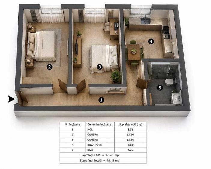 Apartament cu 2 camere decomandat în Cug