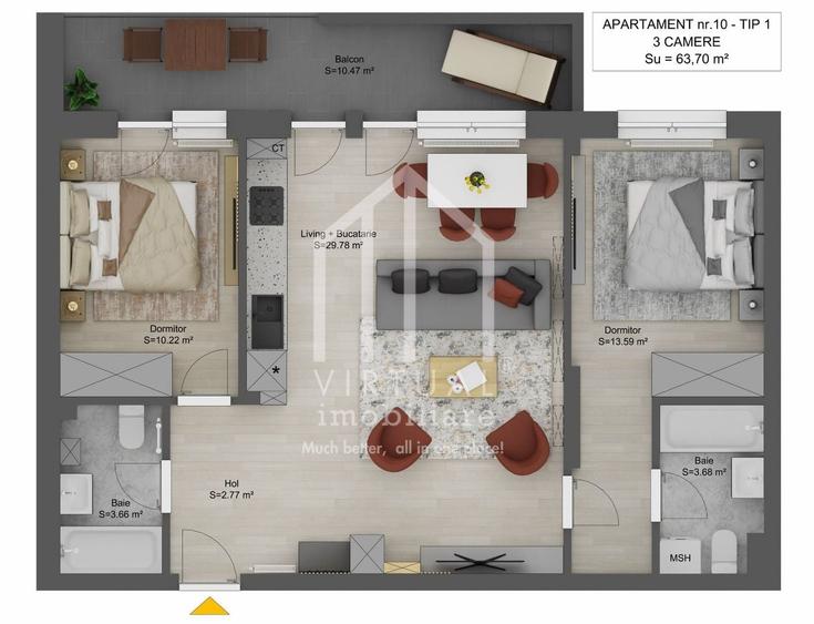 Apartament cu 3 camere 63.70 mp + balcon |Doamna Stanca - 2