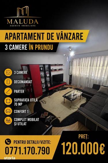 Apartament cu 3 camere decomandat în Prundu