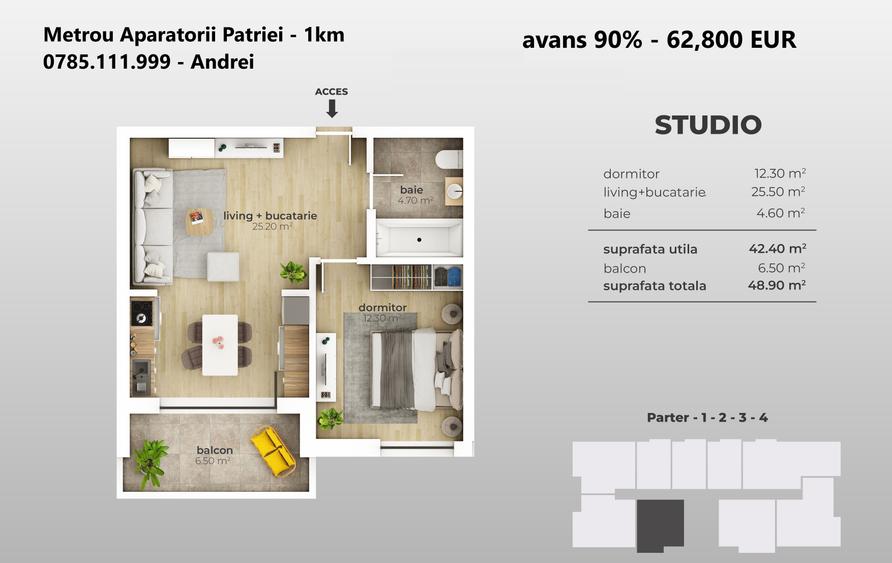 Metrou Aparatorii Patriei - studio 48.9mp - metrou 12 min - 2
