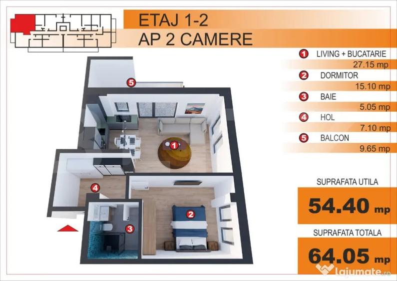 Apartament cu 2 camere în George Enescu