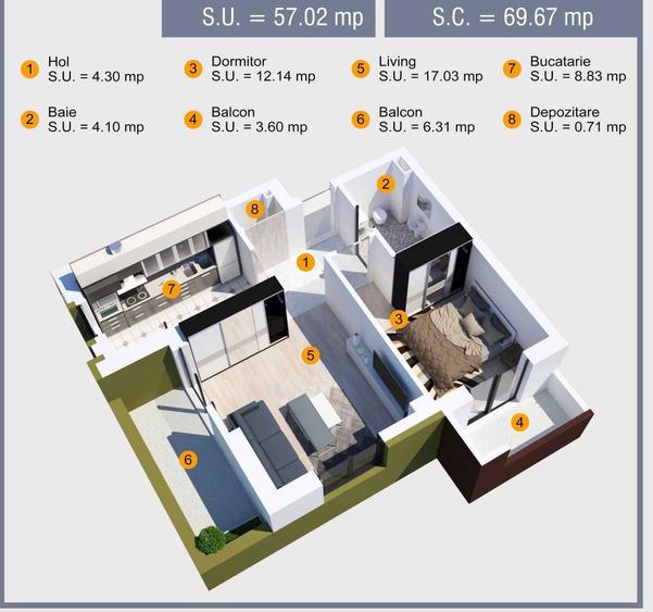 Apartament 2 camere 2 balcoane 1 loc parcare etaj 1 - 5