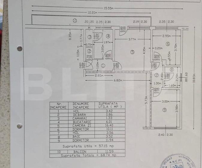 Apartament cu 3 camere, 57.15 mp, zona Sud - 9