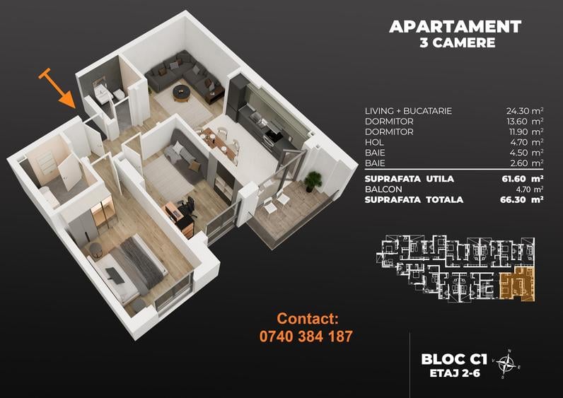 Apartament cu 3 camere semidecomandat în Berceni