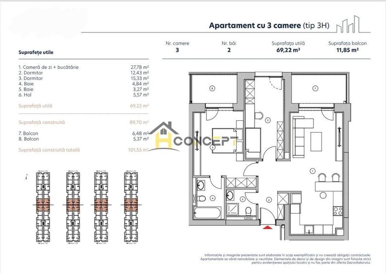Apartament cu 3 camere decomandat în Nord