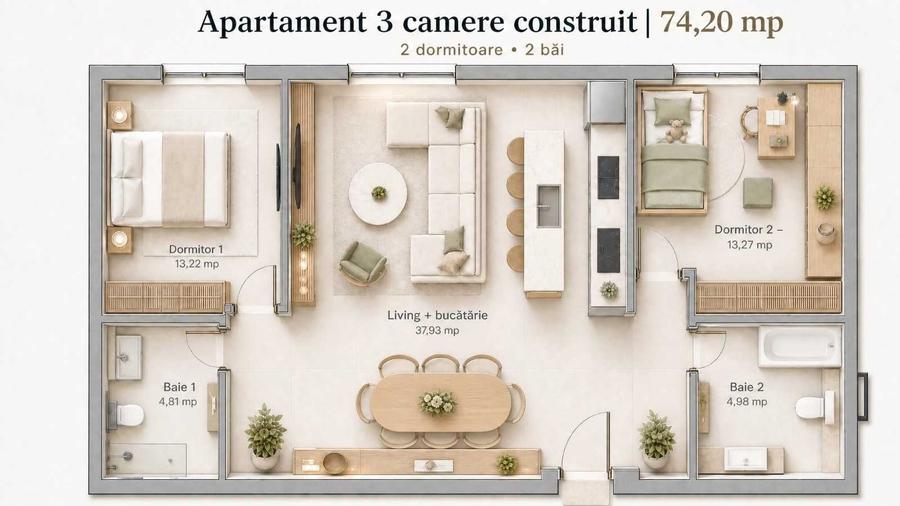 Apartament cu 3 camere decomandat în Cetății