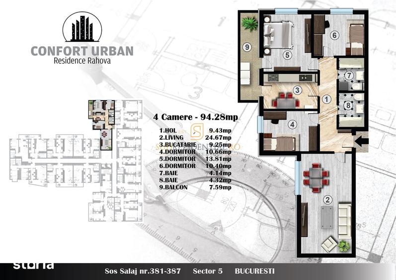 Apartament 4 camere | 94 mp | Confort Urban-Sector 5 | Mobilat complet - 9