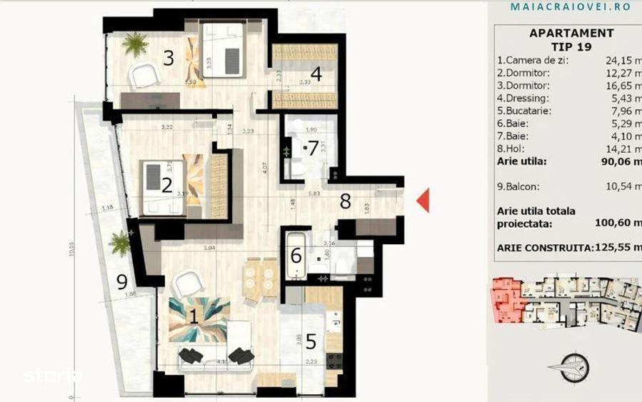 Apartament cu 3 camere în Craiovei