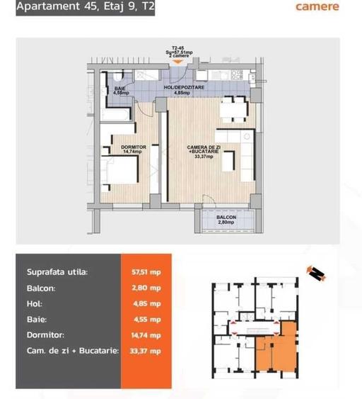 Apartament cu 2 camere decomandat în Noua