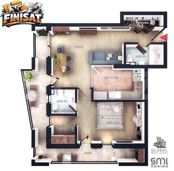 Apartament 2 camere, FINISAT, terasă 19mp, CF, 2 bai, parcare, boxa | Zona Vivo - 1
