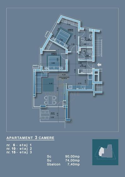 Apartament cu 3 camere semidecomandat, mobilat în Eminescu