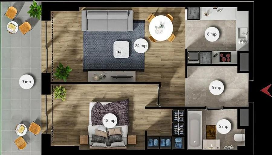 Apartament cu 2 camere semidecomandat în Central