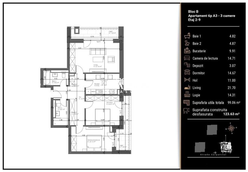 Apartament cu 3 camere în Valea Cetății