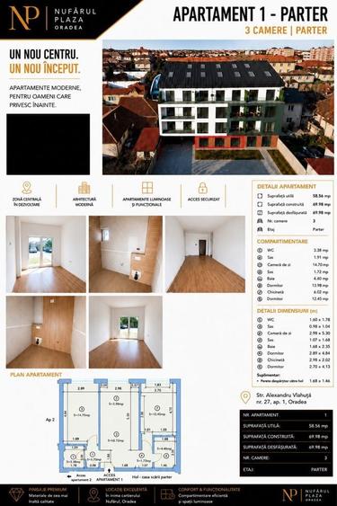 Apartament cu 3 camere semidecomandat în Nufărul