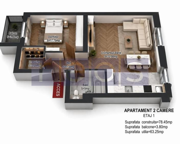 Apartament cu 2 camere în Pajura