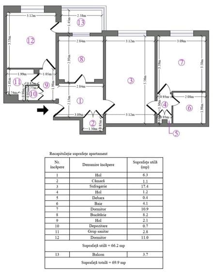 Apartament cu 3 camere semidecomandat în Pantelimon