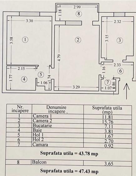 Apartament cu 2 camere semidecomandat în Central
