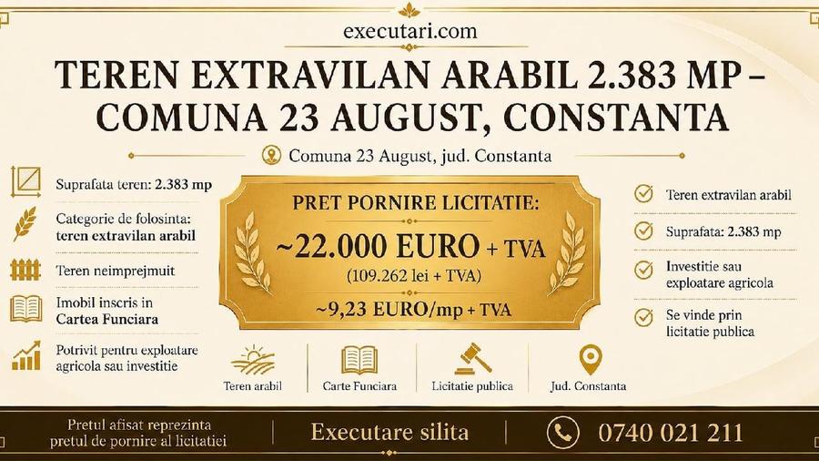 Teren agricol extravilan de 2383 mp, în 23 August