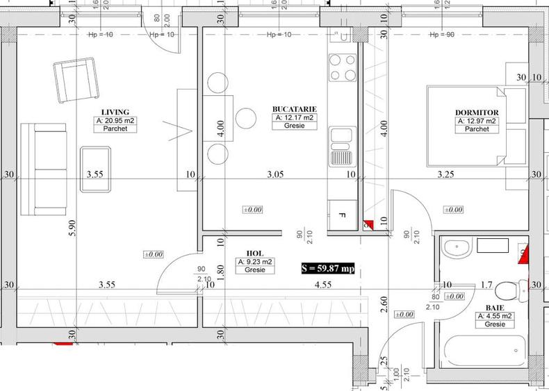 Apartament cu 2 camere semidecomandat în Exterior Vest