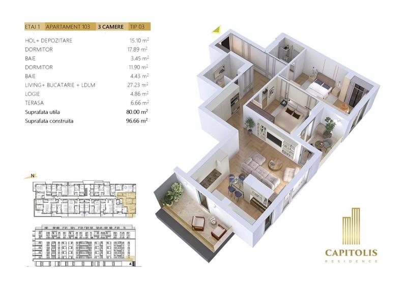 Apartament cu 3 camere în Tractorul