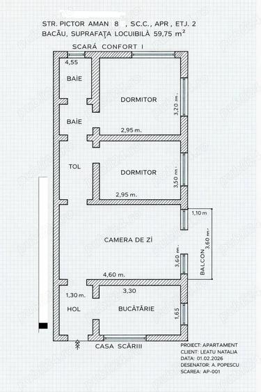 Apartament cu 3 camere semidecomandat în Central