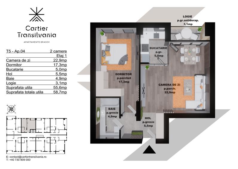 Apartament cu 2 camere decomandat în Noua