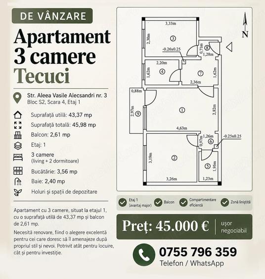 Apartament cu 3 camere semidecomandat în Central