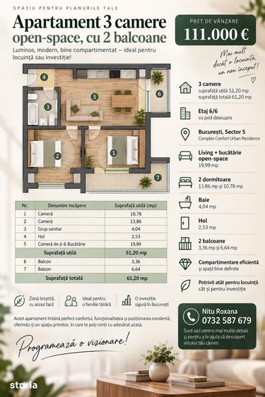 Apartament cu 3 camere în Rahova