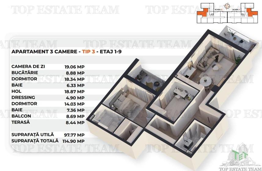Apartament cu 3 camere decomandat în Antiaeriană