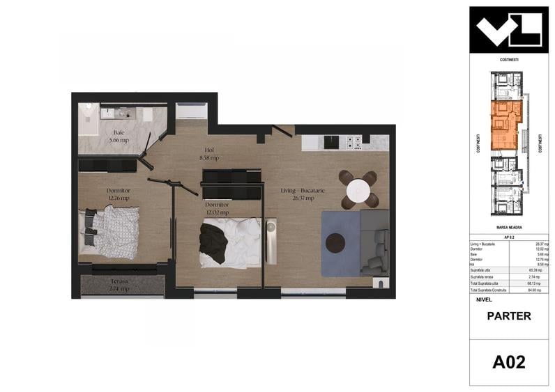 Apartament cu 2 camere decomandat în Central