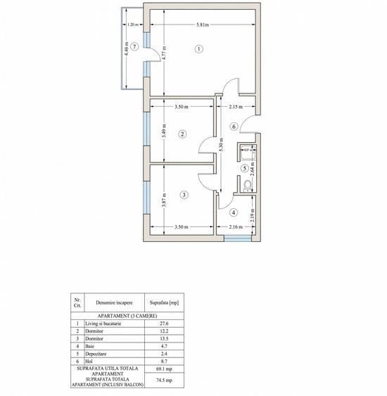 Apartament cu 3 camere în Tunari