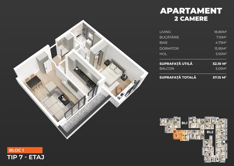 Apartament cu 2 camere decomandat în Central