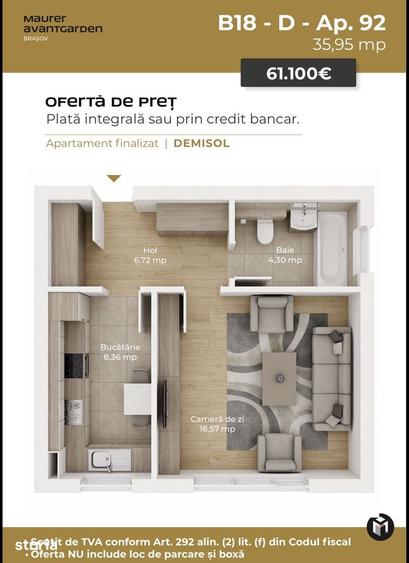 Garsoniera demisol de vanzare | Avantgarden, faza V | Comision 0% - 3