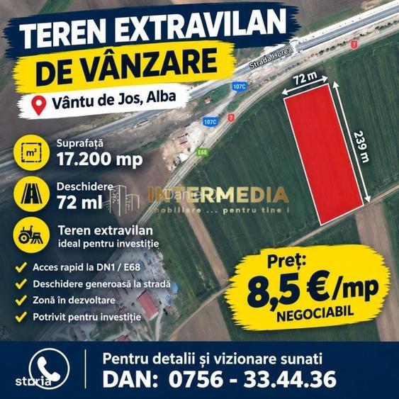 OKAZIE ! Teren 17200 mp. deschidere 72 ml la DN 7 Vintu de Jos langa L