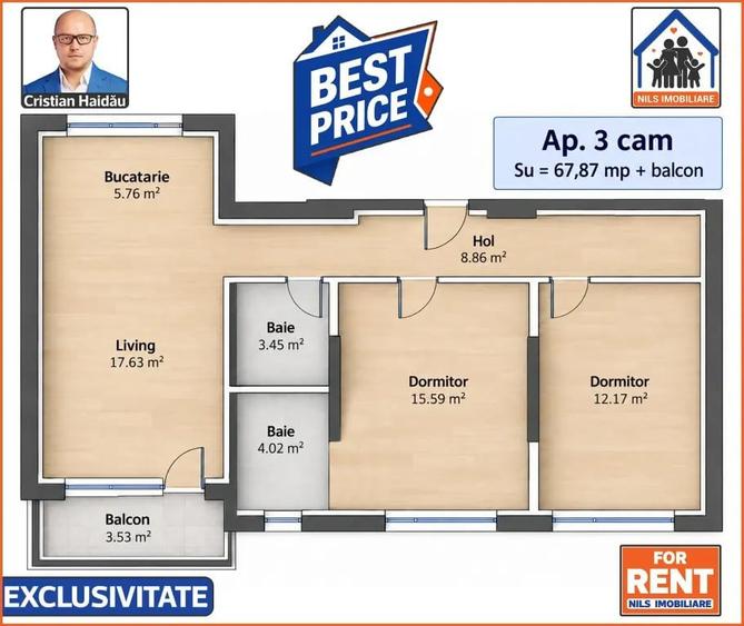 Apartament cu 3 camere decomandat în Est