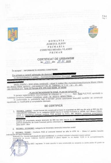 Teren Construcții intravilan de 500 mp, în Moara Vlăsiei