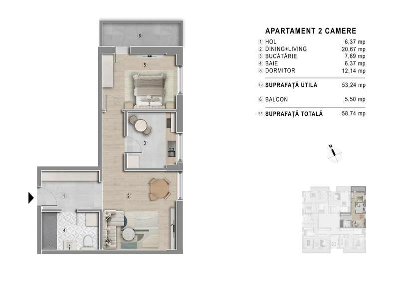 Apartament cu 2 camere semidecomandat în Sud