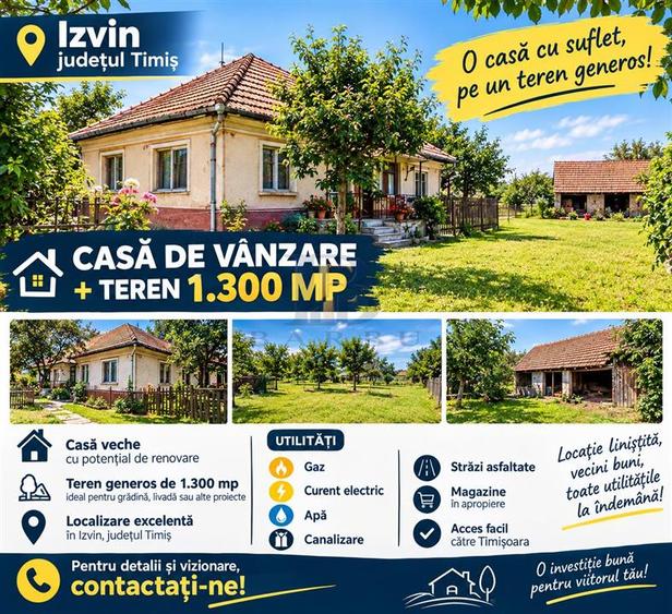 Casă individuală cu 3 camere cu Canalizare în Izvin